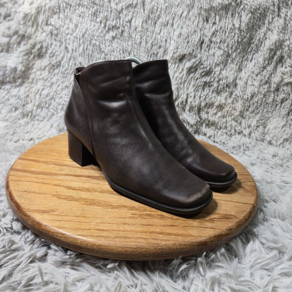 Vintage 90s Y2K Ankle Boots Brown Leather Womens Size 7M Chunky Heel Square Toe